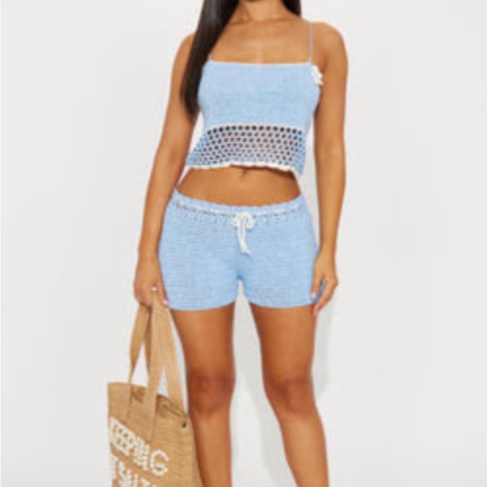 Fashion Nova Light Blue Crochet Swim Coverup Set